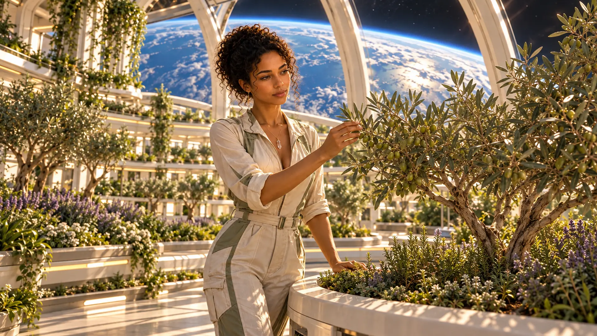 Illuminara visual series 04: In a glass garden above the blue curve of Earth, she examines a small green branch. Immense distance makes this living detail feel more precious, not smaller.