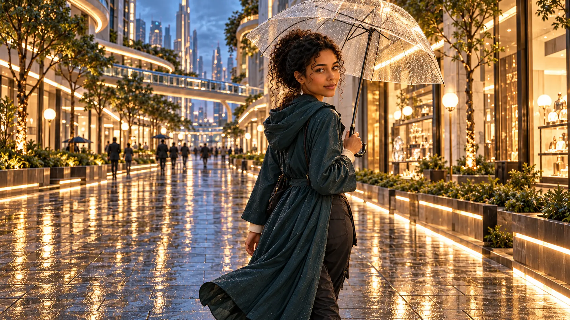 Illuminara visual series 08: Rain turns a future city's towers into reflections across the pavement. Beneath a transparent umbrella, she looks back as the crowd continues through the lights.