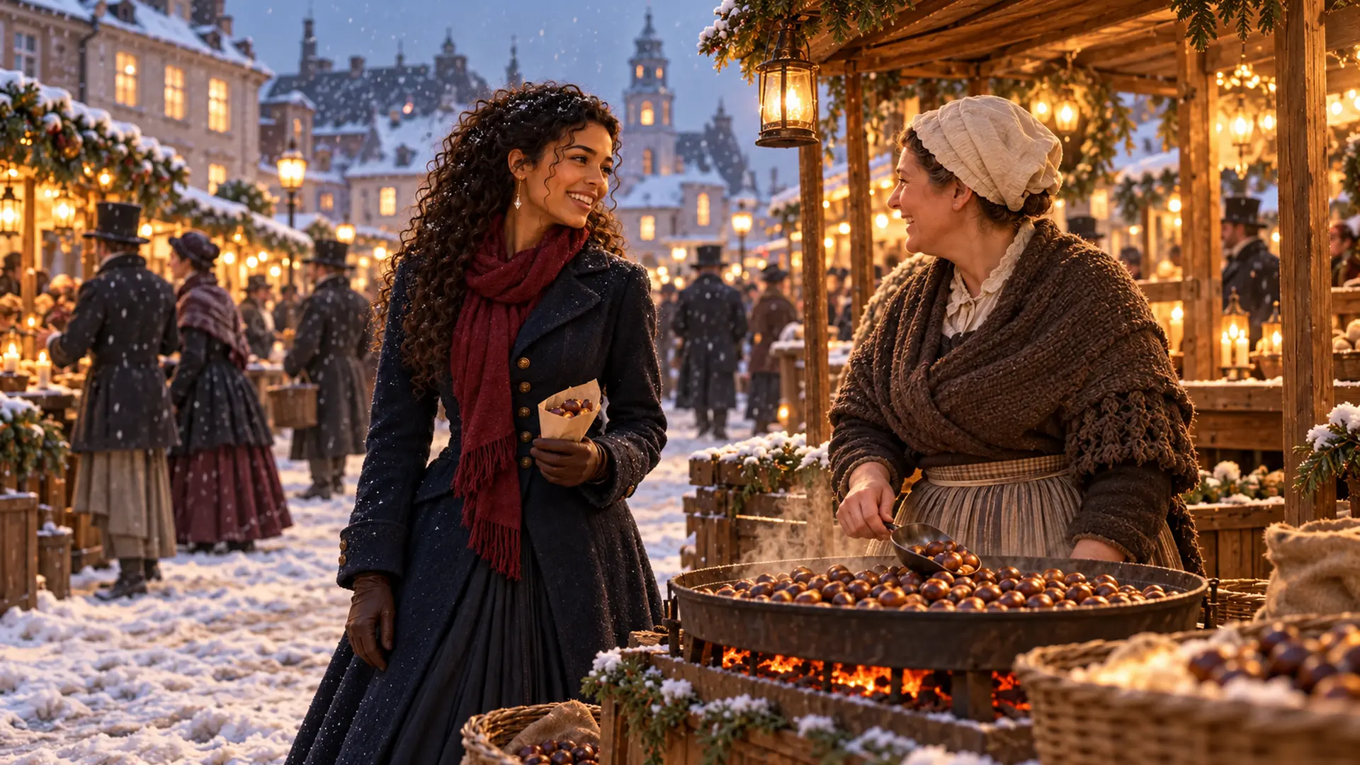 Illuminara visual series 10: Beneath lanterns and falling snow, she shares a smile with a market seller. The warmth of an ordinary exchange briefly outshines the wintry square.