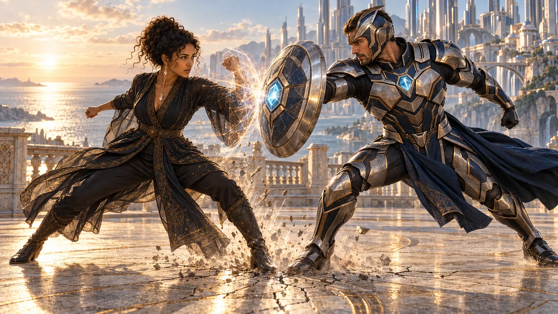Illuminara visual series 12: The captain's armored shield meets a measured sweep of luminous force. Neither figure disappears into the impact; the sunlit city remains around them.