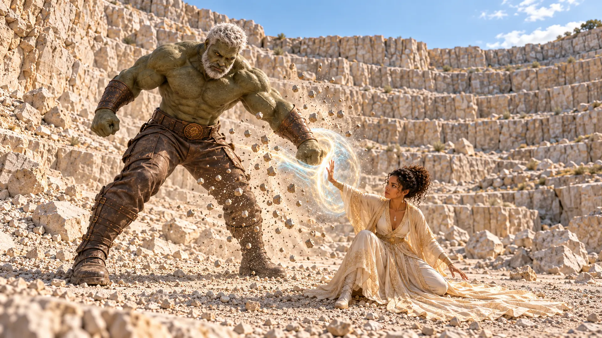 Illuminara visual series 15: A giant made of stone looms above a shattered quarry floor. Illuminara kneels among the rubble and raises a bright arc against the force bearing down on her.