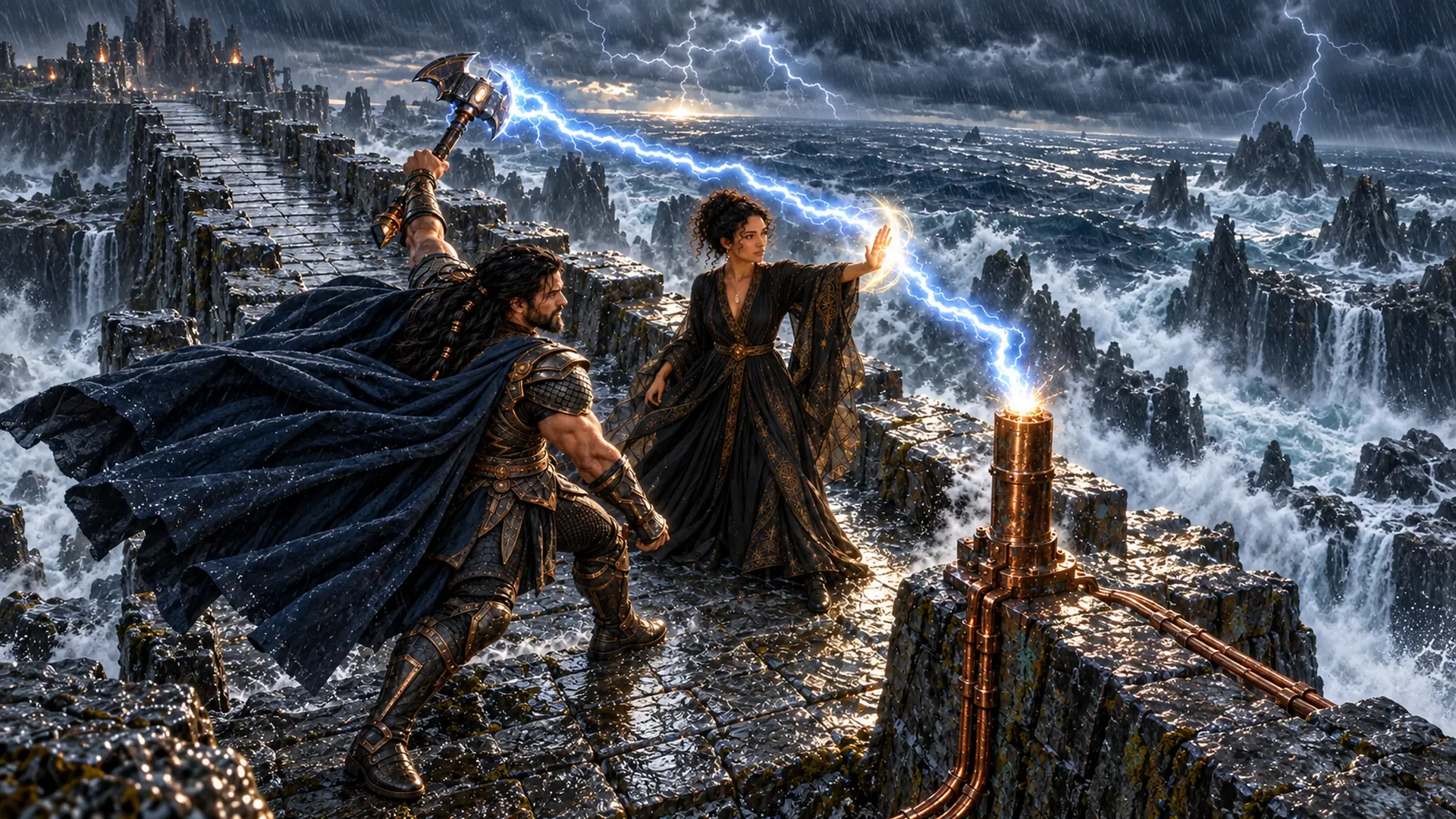 Illuminara visual series 16: Waves hammer the broken causeway while lightning crosses the storm. Illuminara raises her hand beside an armored companion, resisting the force sweeping over the passage.