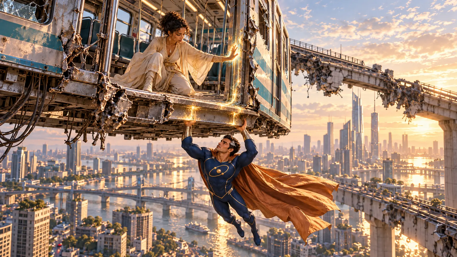 Illuminara visual series 17: A caped rescuer steadies a train carriage high above the city while Illuminara reaches toward its damaged window. Two kinds of strength meet at one fragile point.