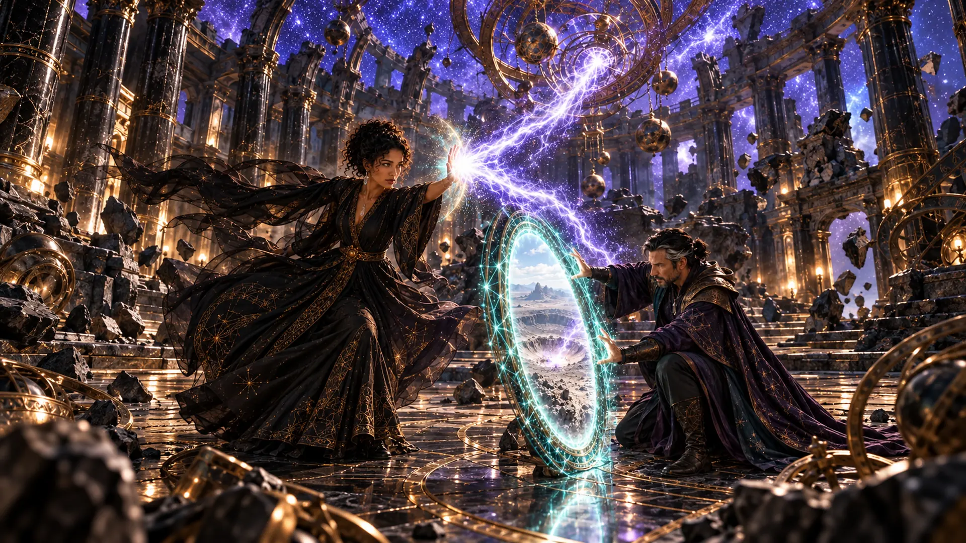Illuminara visual series 18: In the observatory's broken machinery, violet energy branches across the air. Illuminara reaches into its current as another figure braces behind a circular barrier.