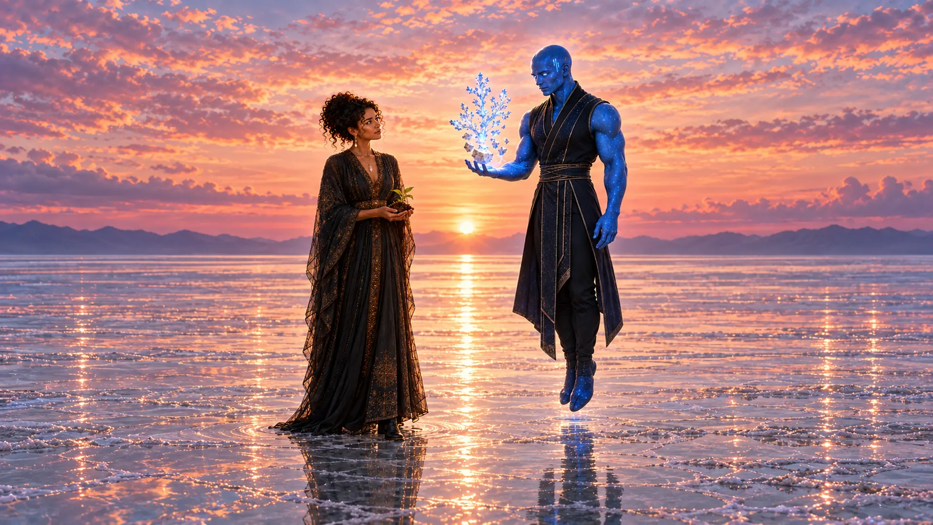 Illuminara visual series 20: A blue figure holds out a luminous branching form while Illuminara cradles a small living plant. Their exchange is quiet beneath a sky too large to measure.
