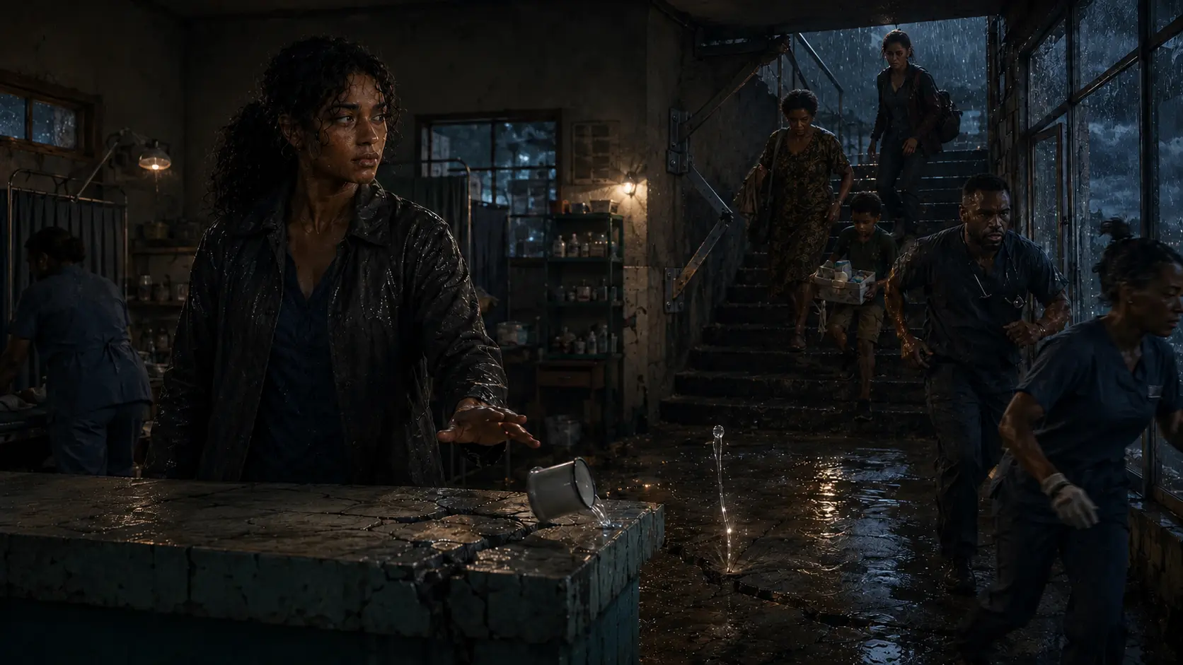 Inside the storm-dark clinic, Nara directs three people down a failing stair while an audience-facing amber load-path overlay marks the remaining steel supports.