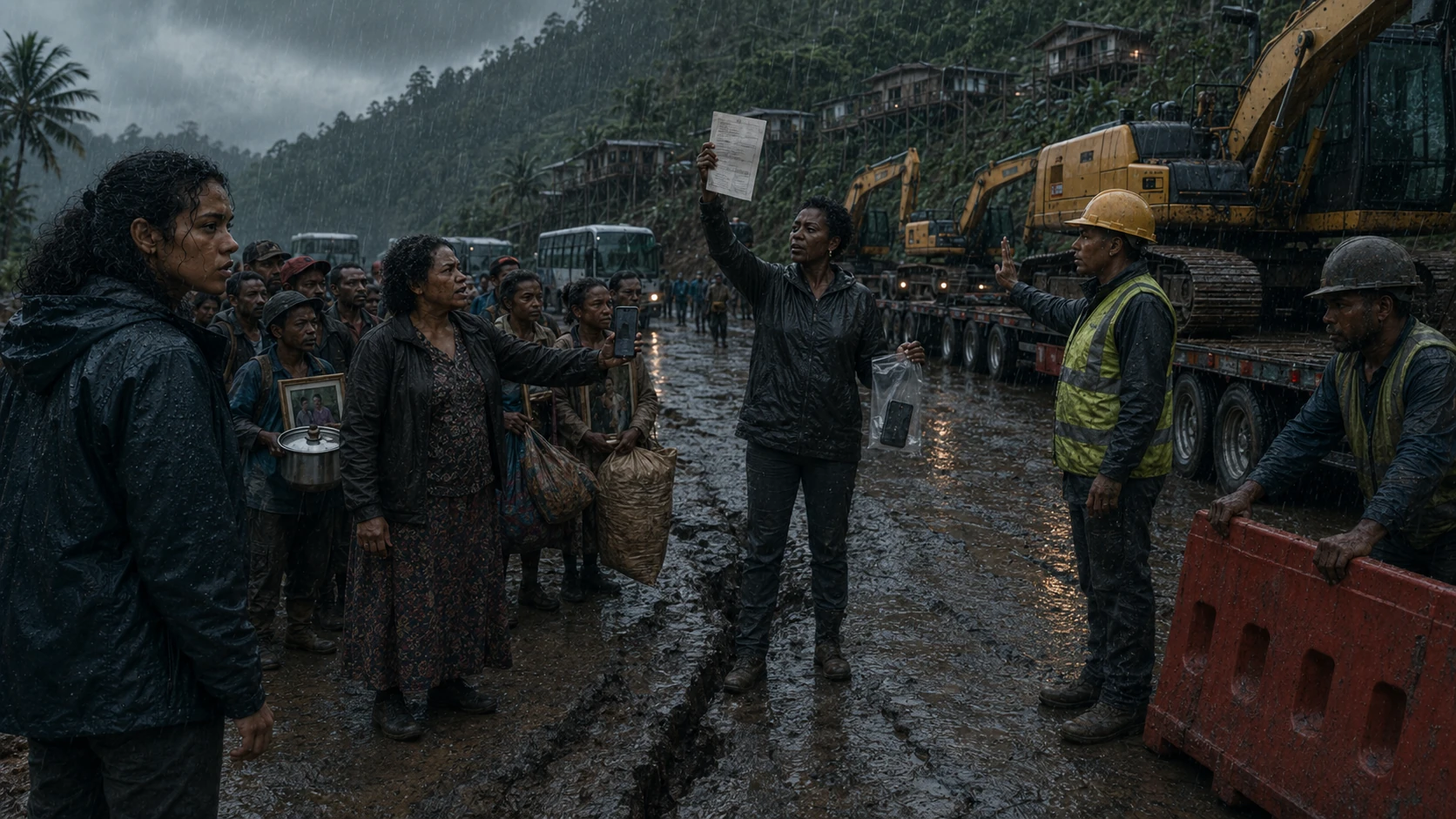 Lani holds a printed clearance order before residents, operators and excavators on the cracked lower road.