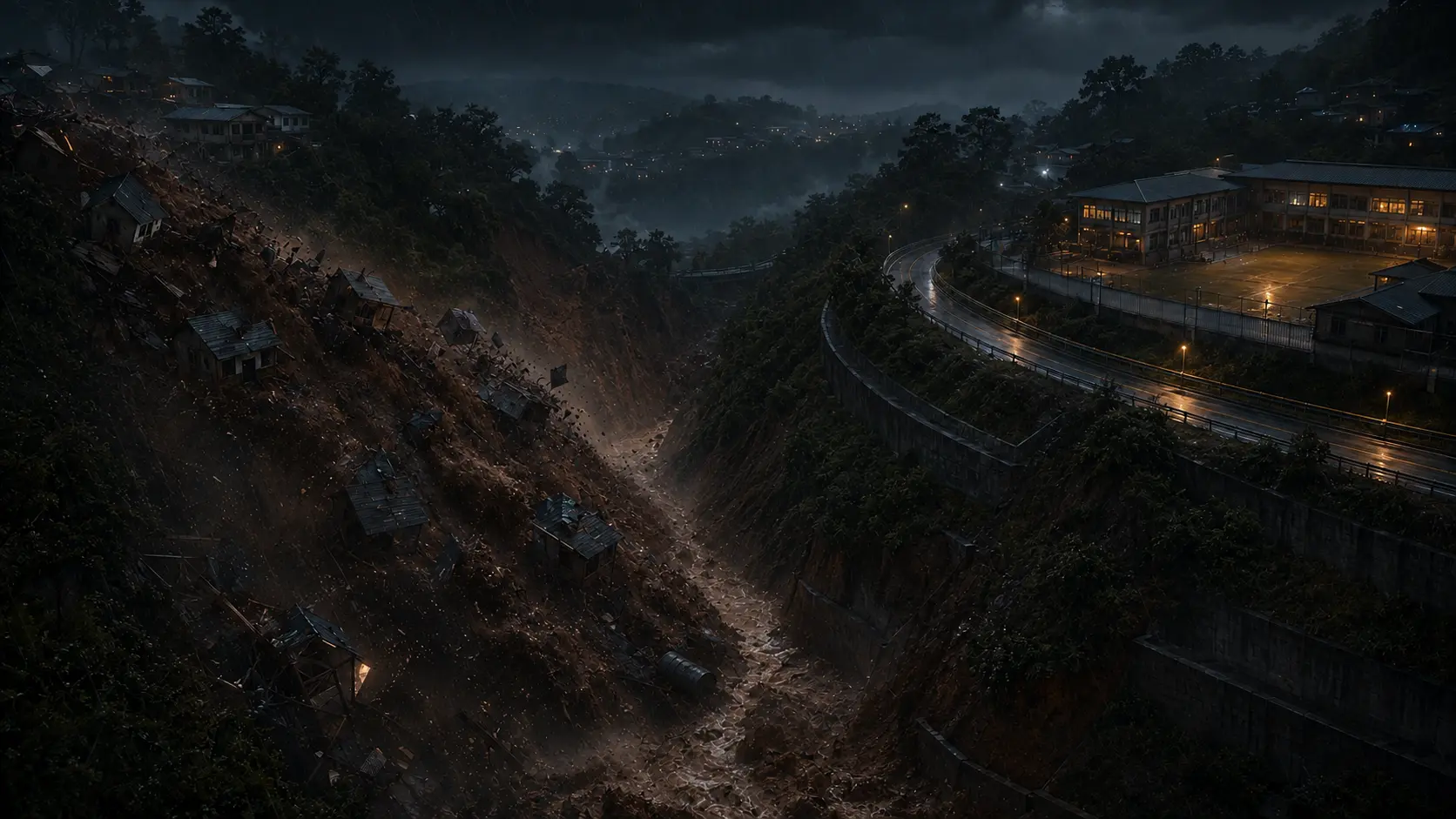 Kavera Ridge collapses toward the old gully while audience-facing amber overlays mark the cleared route, runout boundary and school road.