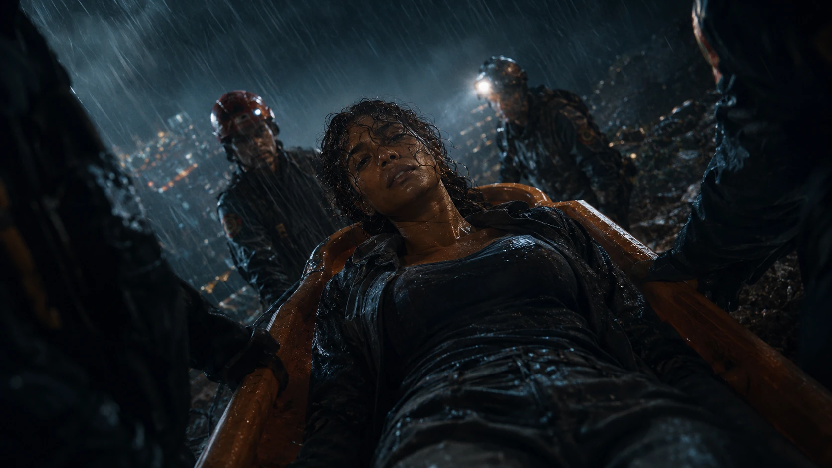 Responders carry Nara on a rescue board through rain after severe vertigo, while Adaeze and Sefa monitor her.